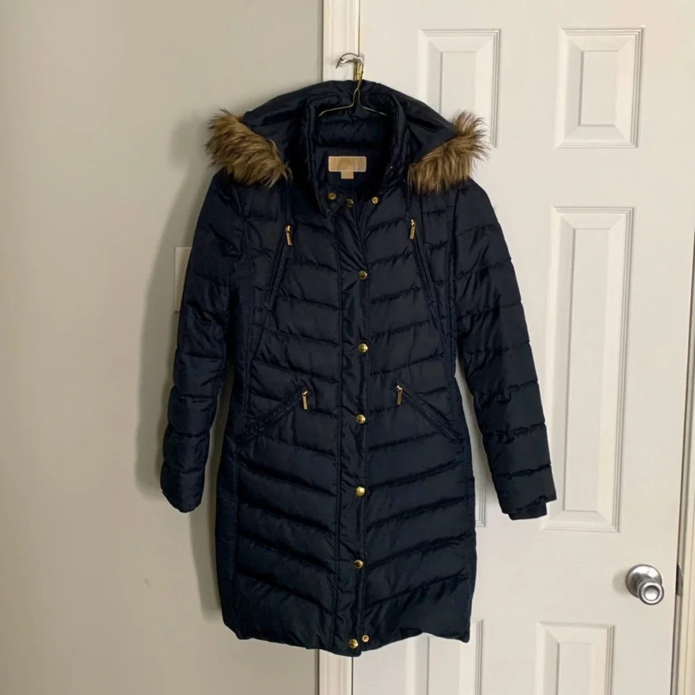 Navy Blue Michael Kors Puffer Coat Knee/Lower Thigh Length - Picture 1 of 6